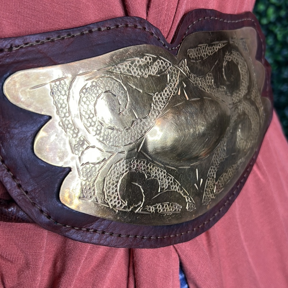 Vintage Leather and Brass Engraved Sheld Belt Brown Leather